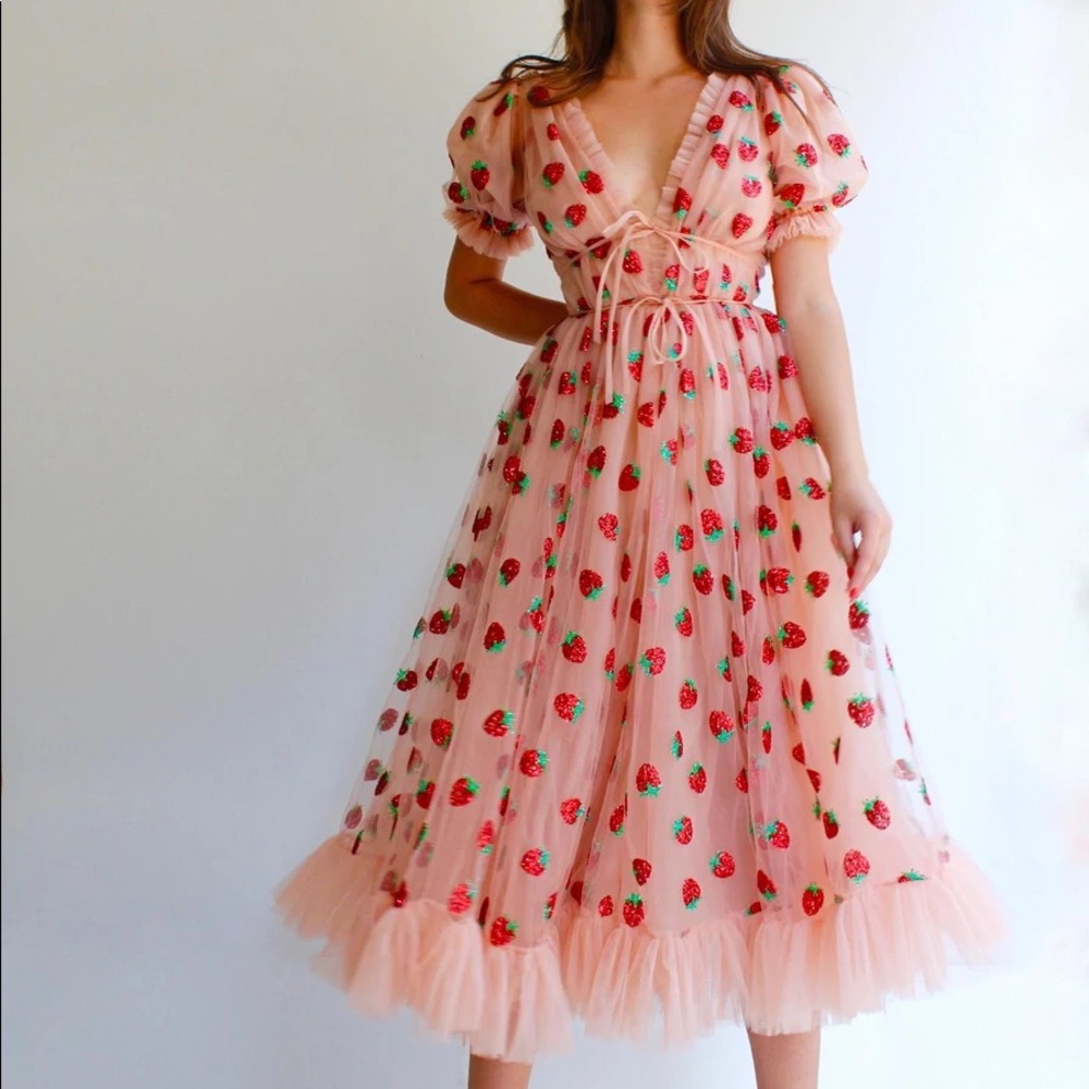 Authentic Lirika Matoshia- pink strawberry dress, size small, tiktok